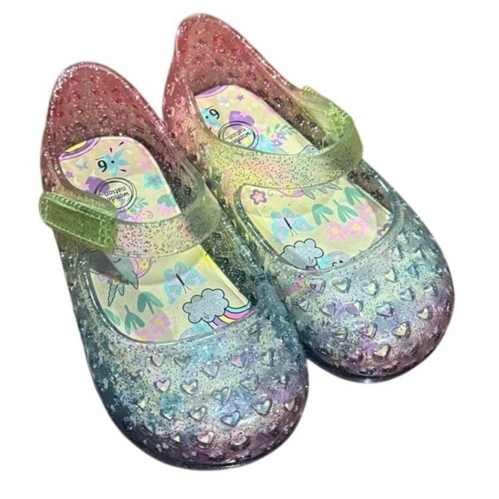 Wonder Nation Rainbow Glitter Jelly Shoes Girls 6C Unicorn Heart Velcro Sandals